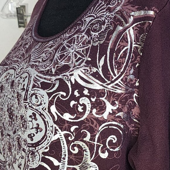 Zenergy Mauve Silver Foil Rhinestone Beaded 3/4 Sleeve Cotton Top Chico 3 US XL - Picture 12 of 16